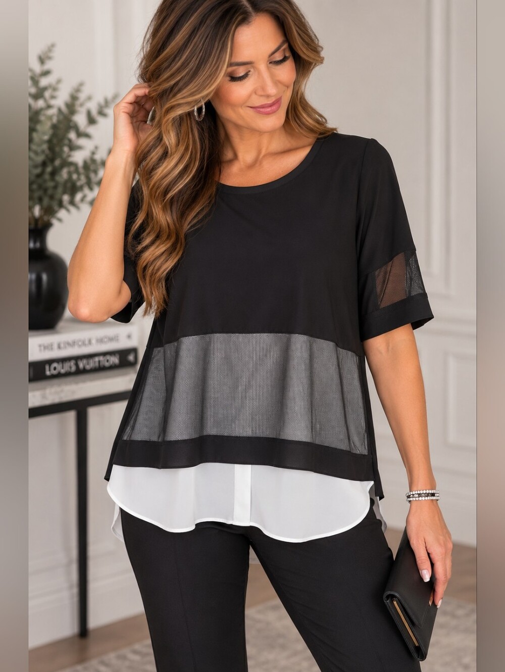 Joseph Ribkoff Black White Mesh Colorblock Tunic Top Size 10